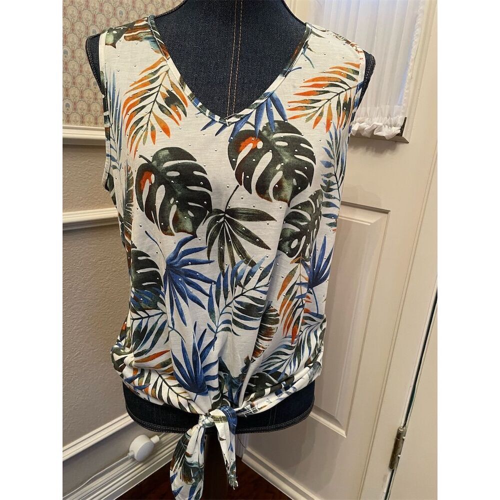 Women's Sleeveless Tropical Print Tie-Front Tank Top